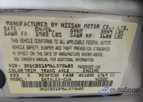 2006 Nissan Sentra 1.8S z USA, uszkodzony, nr VIN 3N1CB51D96L575685